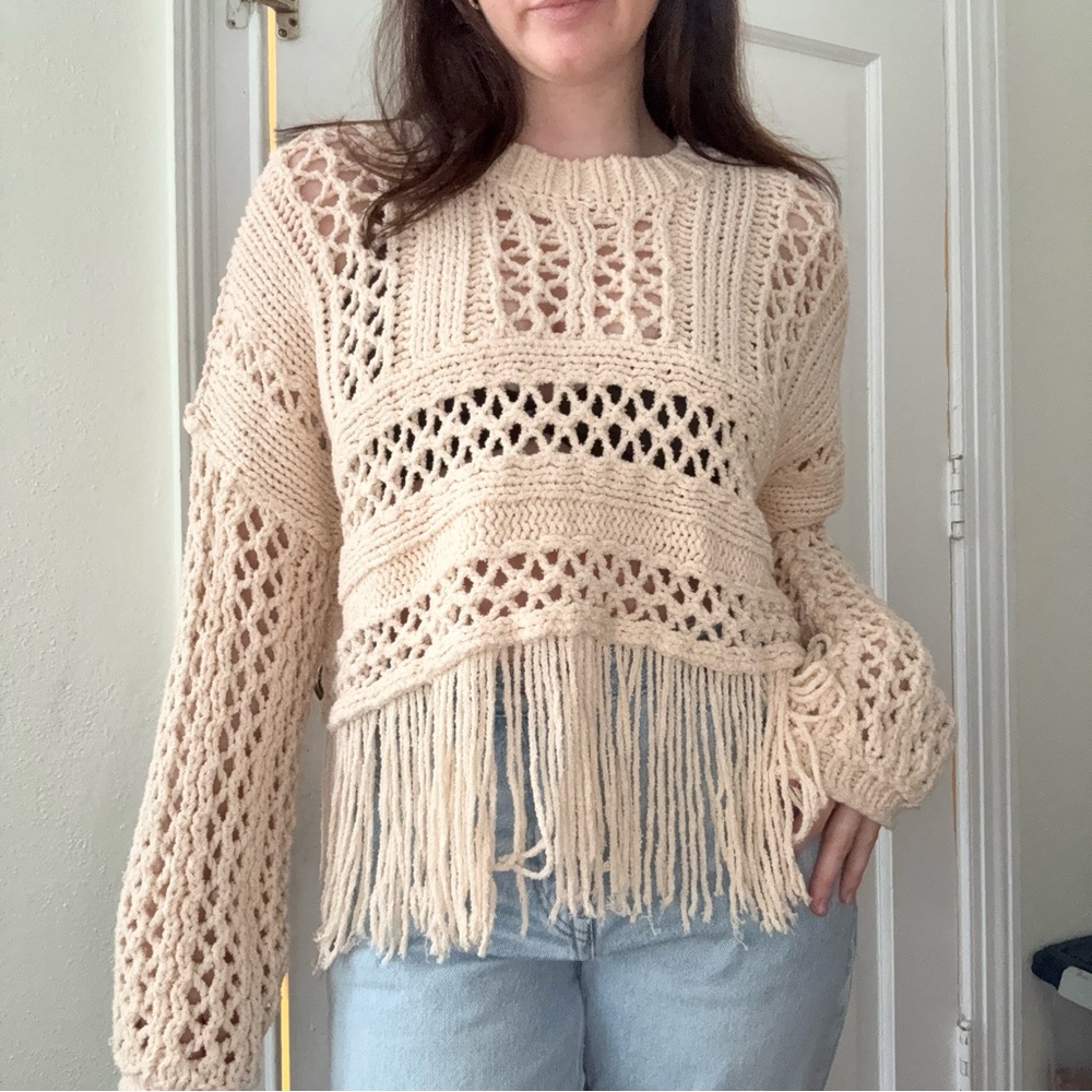 Free People Cream Knit Fringe Sweater